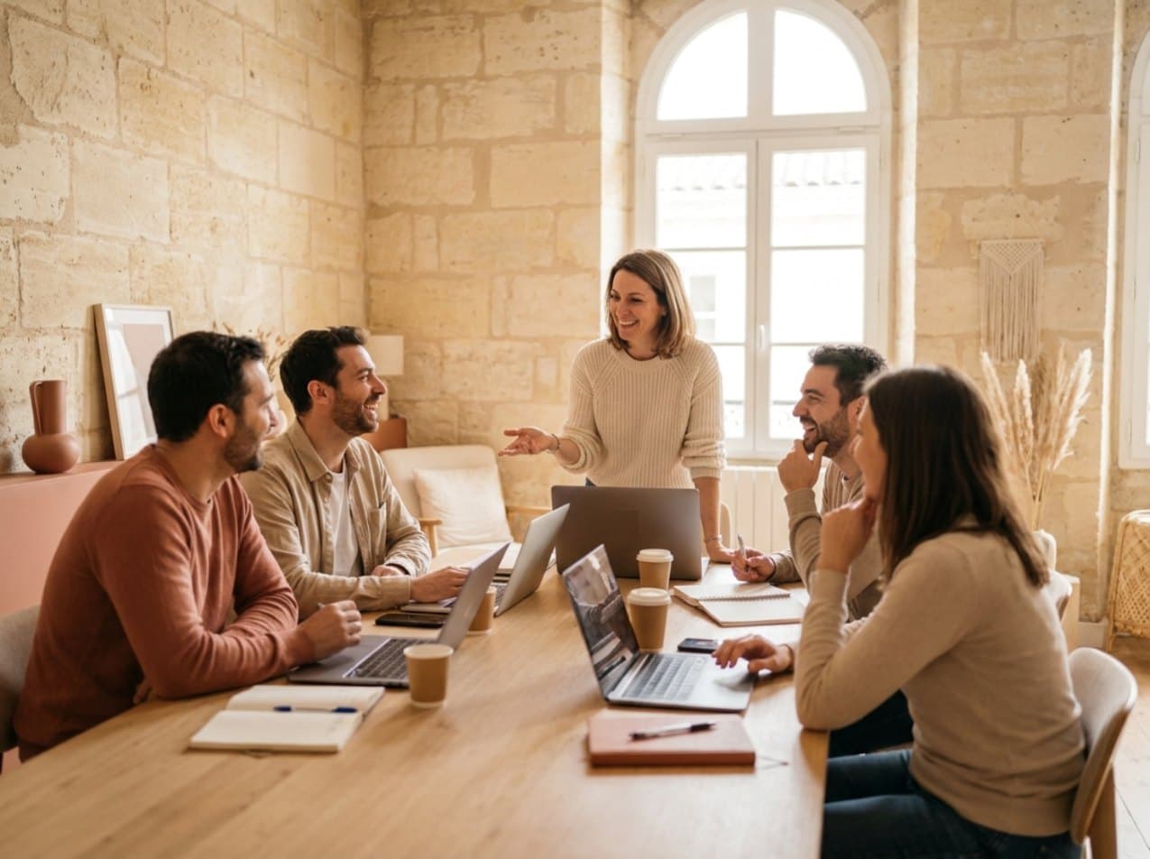 Illustration : une formatrice anime un atelier sur l'IA avec l'équipe d'une PME, autour d'une grande table